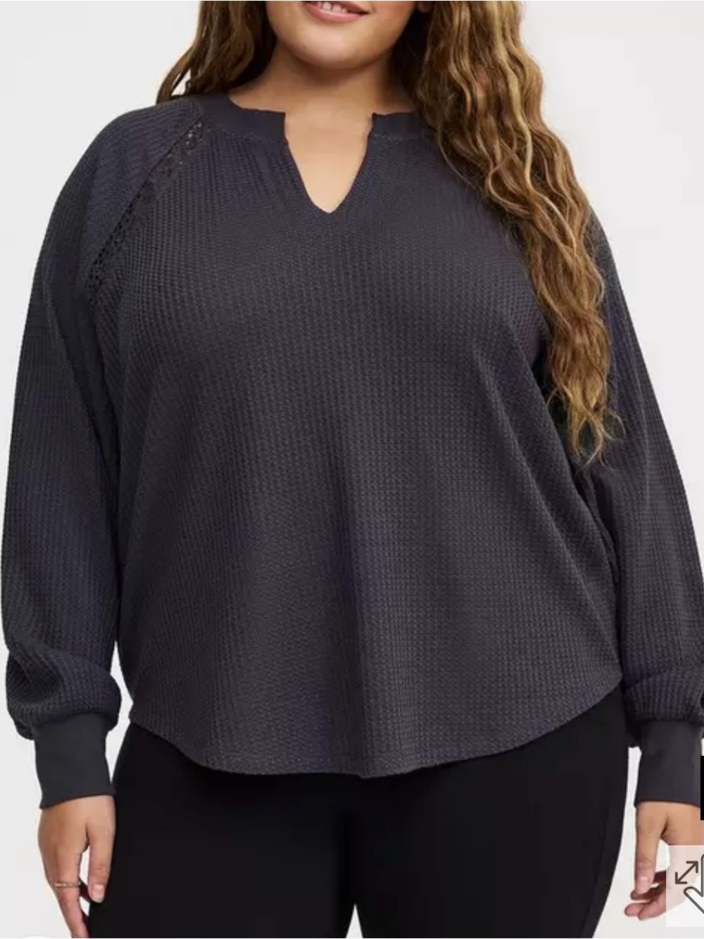 Torrid Charcoal Waffle Crochet Inset Top Plus Size 3X Oversized Relaxed Long Sle